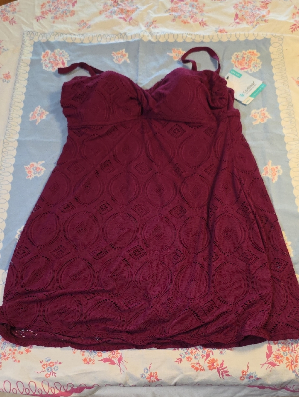 Coolibar Maroon Crochet Overlay One Piece Bathing Suit
